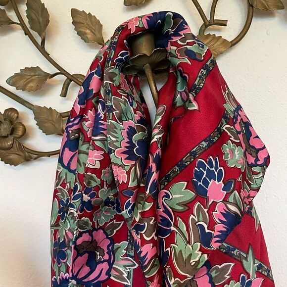 Silk scarf peonies in bloom rich reds greens and blues - Picture 10 of 10